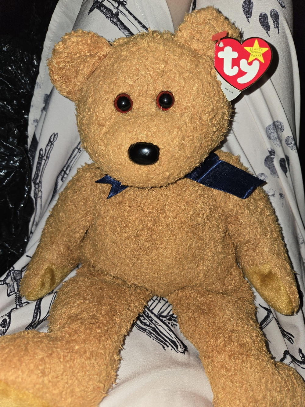 Ty Classic Brown Teddy Bear Plush with Navy Ribbon,  "Fuzz", 1999